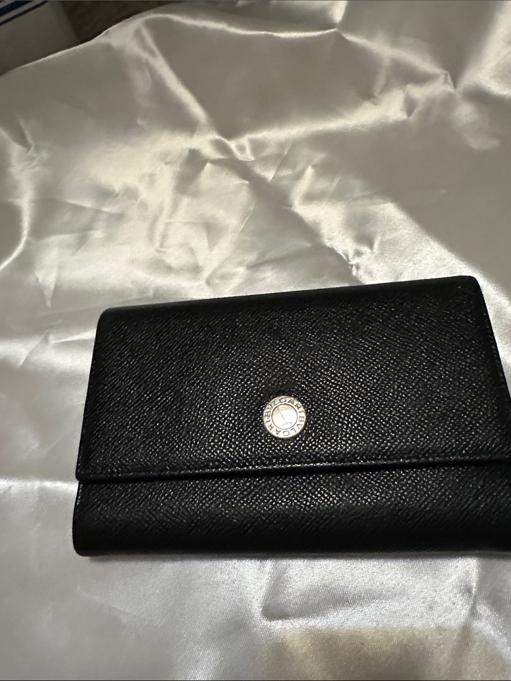 Bvlgari Black Leather Trifold Wallet with Silver Accent